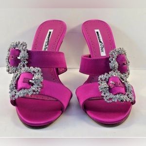 Manolo Blahnik Pink Satin Buckled Mulussanhan 90MM Sandals Womens Size EUR 36M